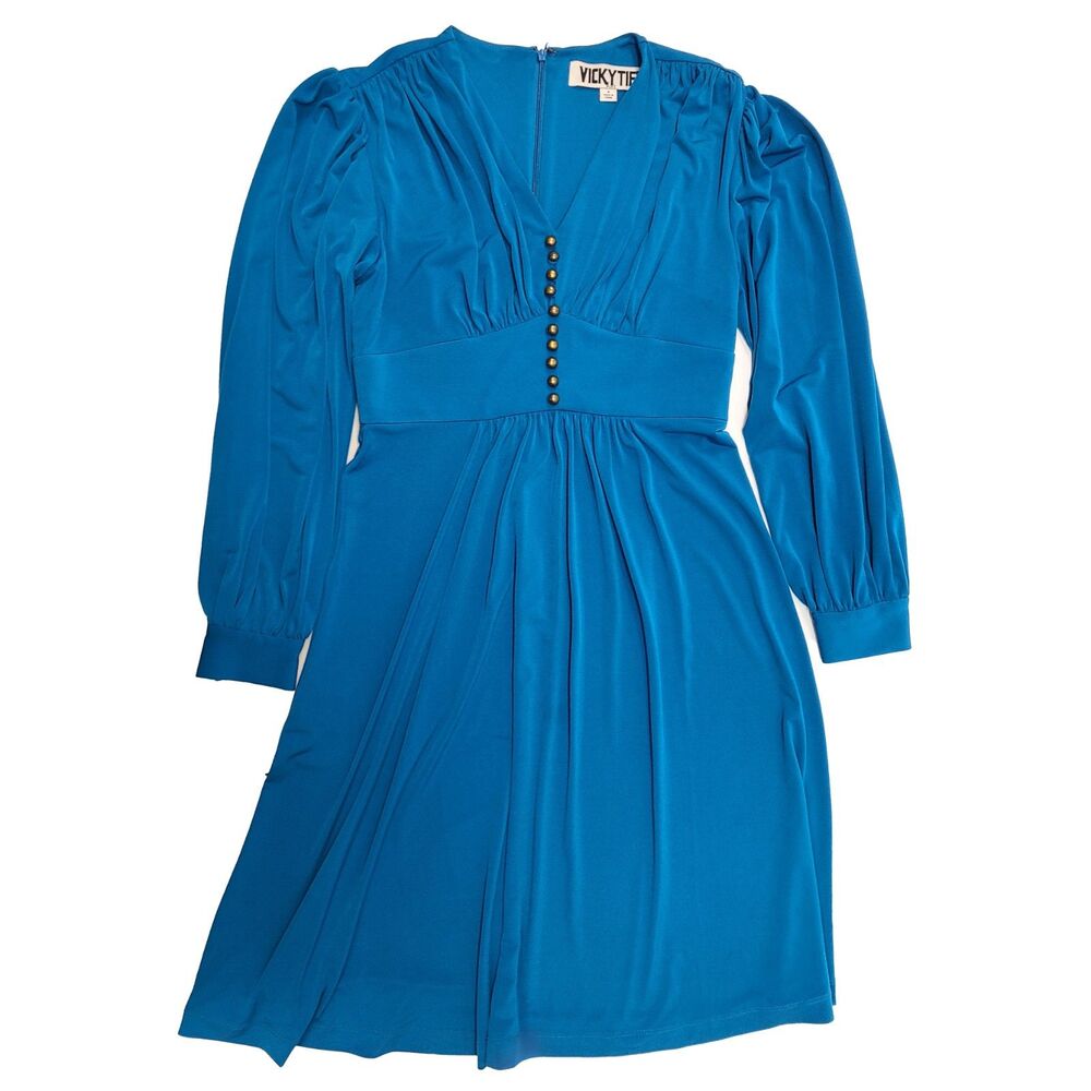 Vicky Tiel Blue V-Neck Long Sleeve Midi Dress Fit & Flare Sz S Vintage Style